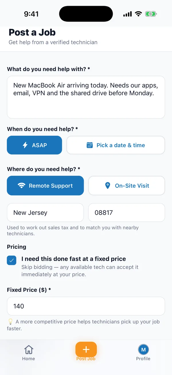 The Koadi app: the fixed-price option ticked, with a price of 140 dollars