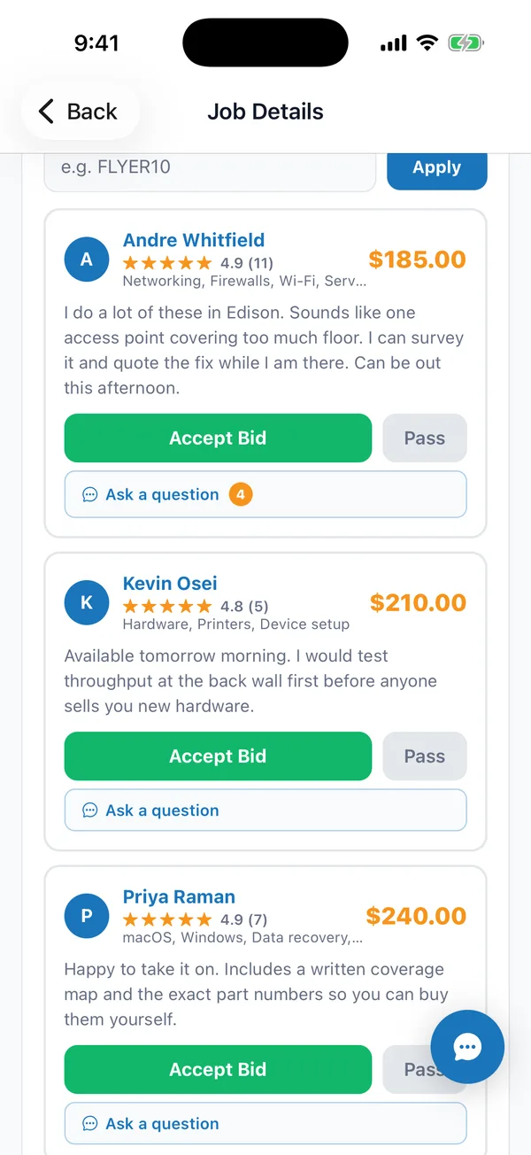 The Koadi app: bids from verified technicians, each with a rating and a price
