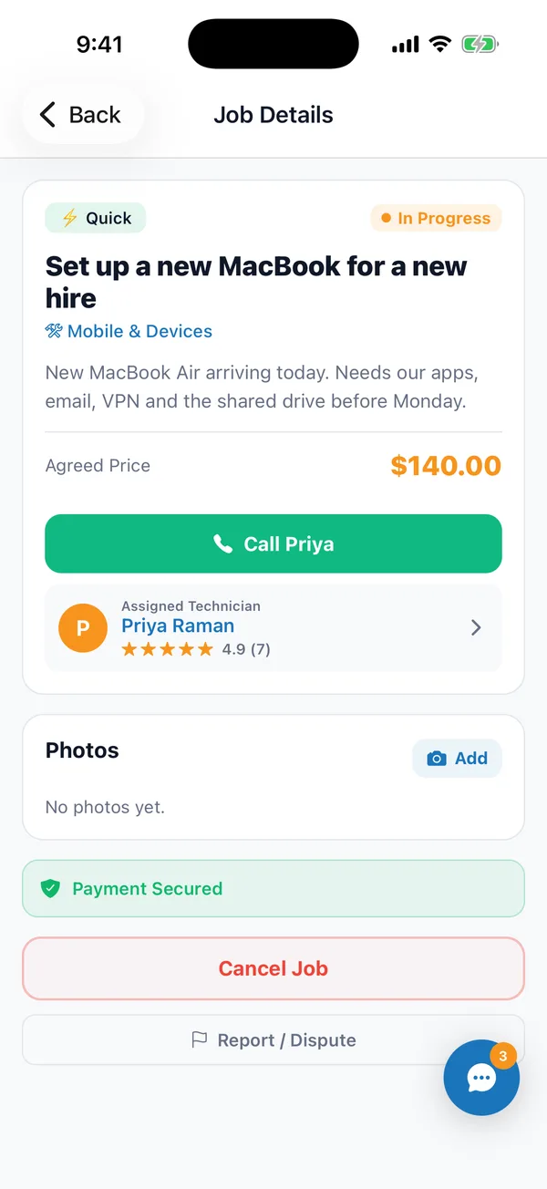 The Koadi app: a fixed-price job in progress, with the payment secured