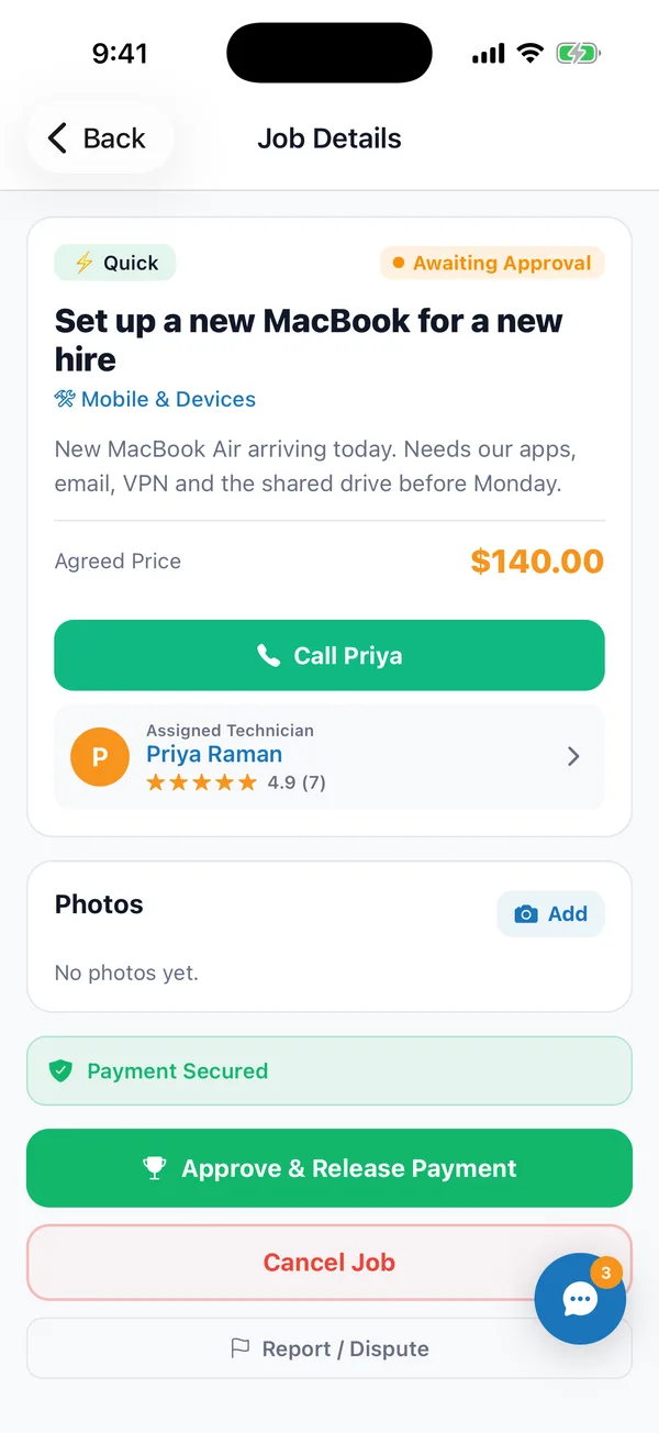 The Koadi app: the Approve and Release Payment button