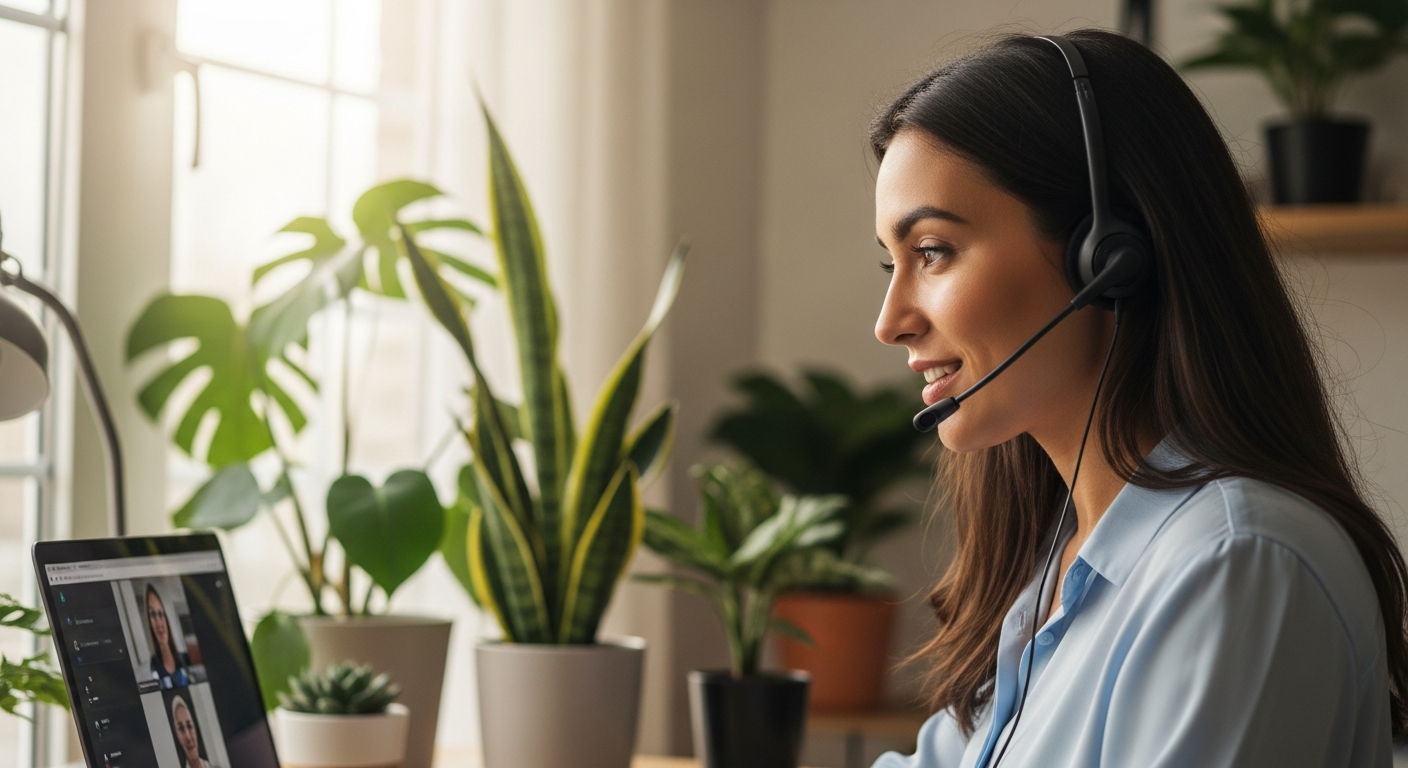 Tech professional providing remote support via video call